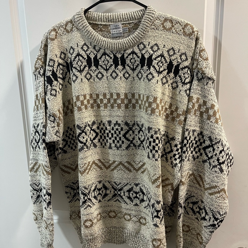 Tony Lambert Men's Patterned Sweater - Cream, Black, and Brown Vintage